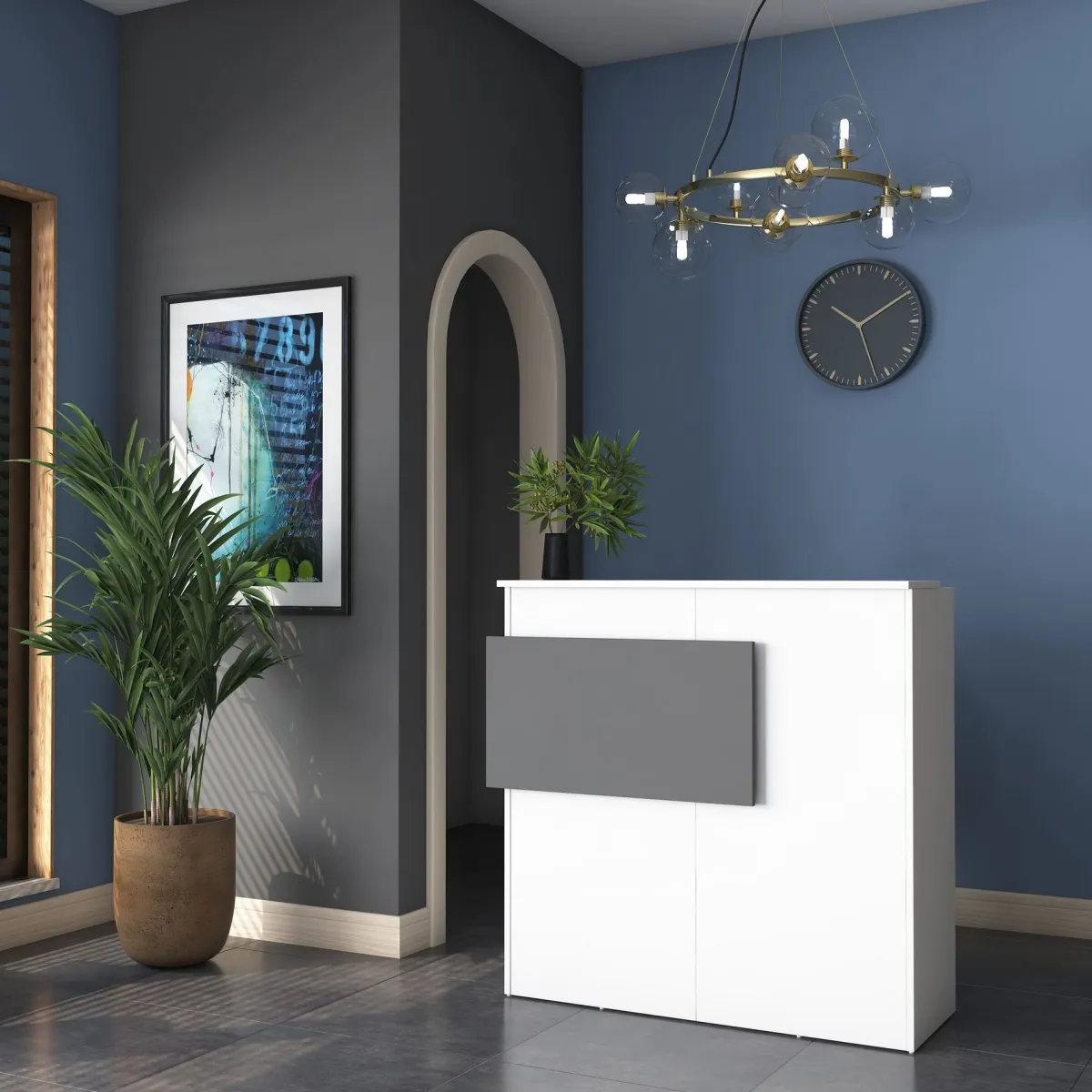 Scrivanie > Dmora Scrivania Bianco Nero Antracite un Ripiano 2 Cassetti 110x40x110h cm, Banco Reception - Volano Nero Antracite, Bianco