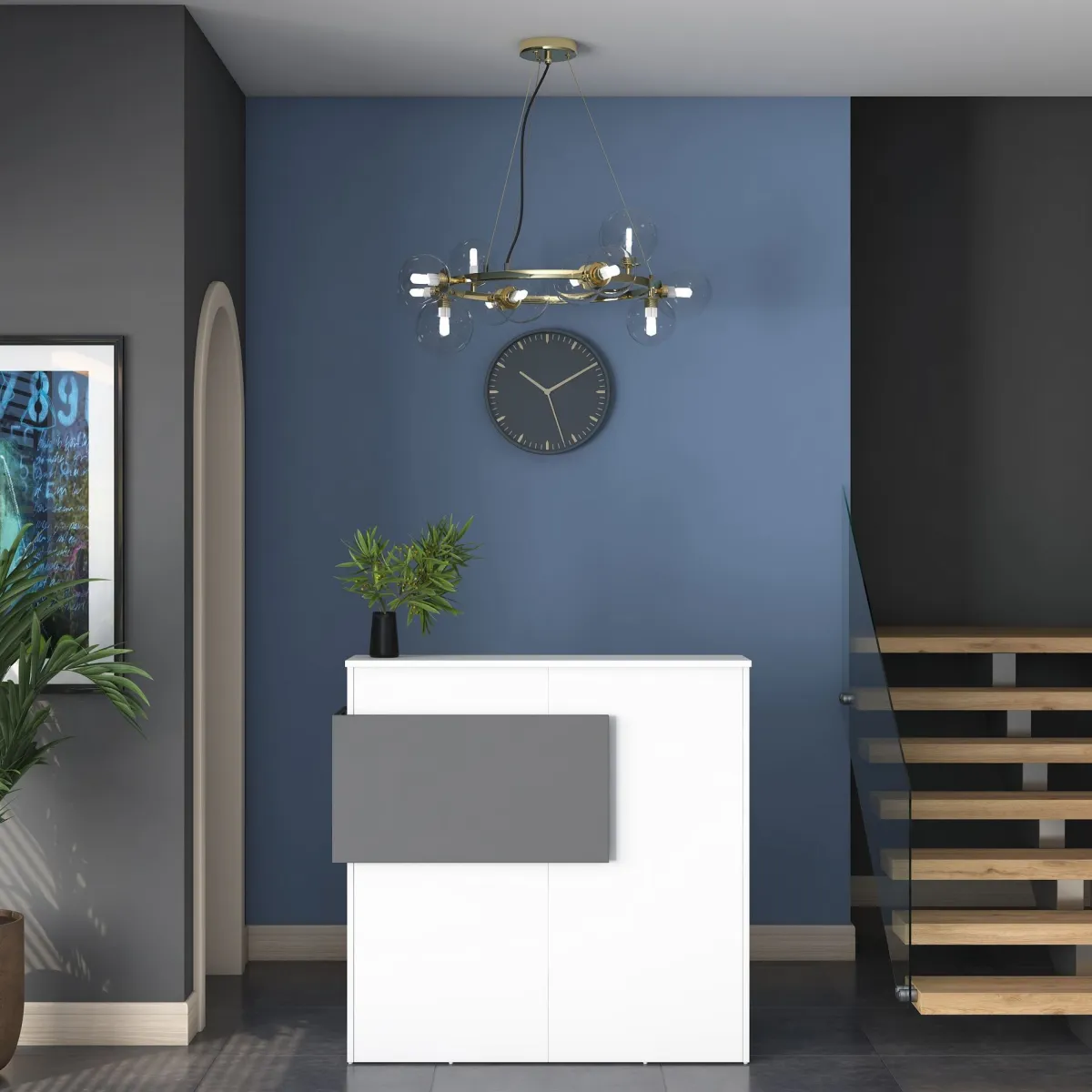 Scrivanie > Dmora Scrivania Bianco Nero Antracite un Ripiano 2 Cassetti 110x40x110h cm, Banco Reception - Volano Nero Antracite, Bianco