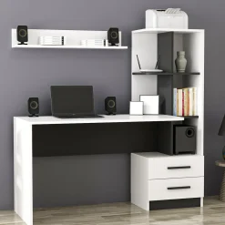 Scrivania Bianco Nero 7 Ripiani 2 Cassetti 120x60x74h cm, 4 Vani - Thiesi