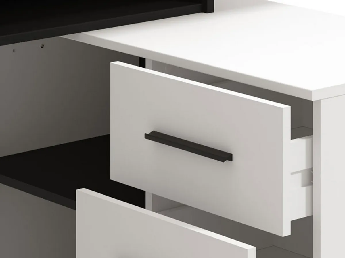 Scrivanie > Dmora Scrivania Bianco Opaco Nero Angolare 3 Ripiani 137.5x101.5x75h cm, 3 Cassetti - Sapri Nero, Bianco Opaco