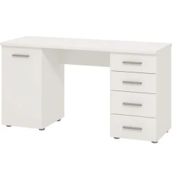 Scrivania Bianco 2 Ripiani 4 Cassetti 135x50x75.5h cm, 2 Vani - Flaminio