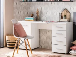 Scrivania Bianco 2 Ripiani 4 Cassetti 135x50x75.5h cm, 2 Vani - Flaminio