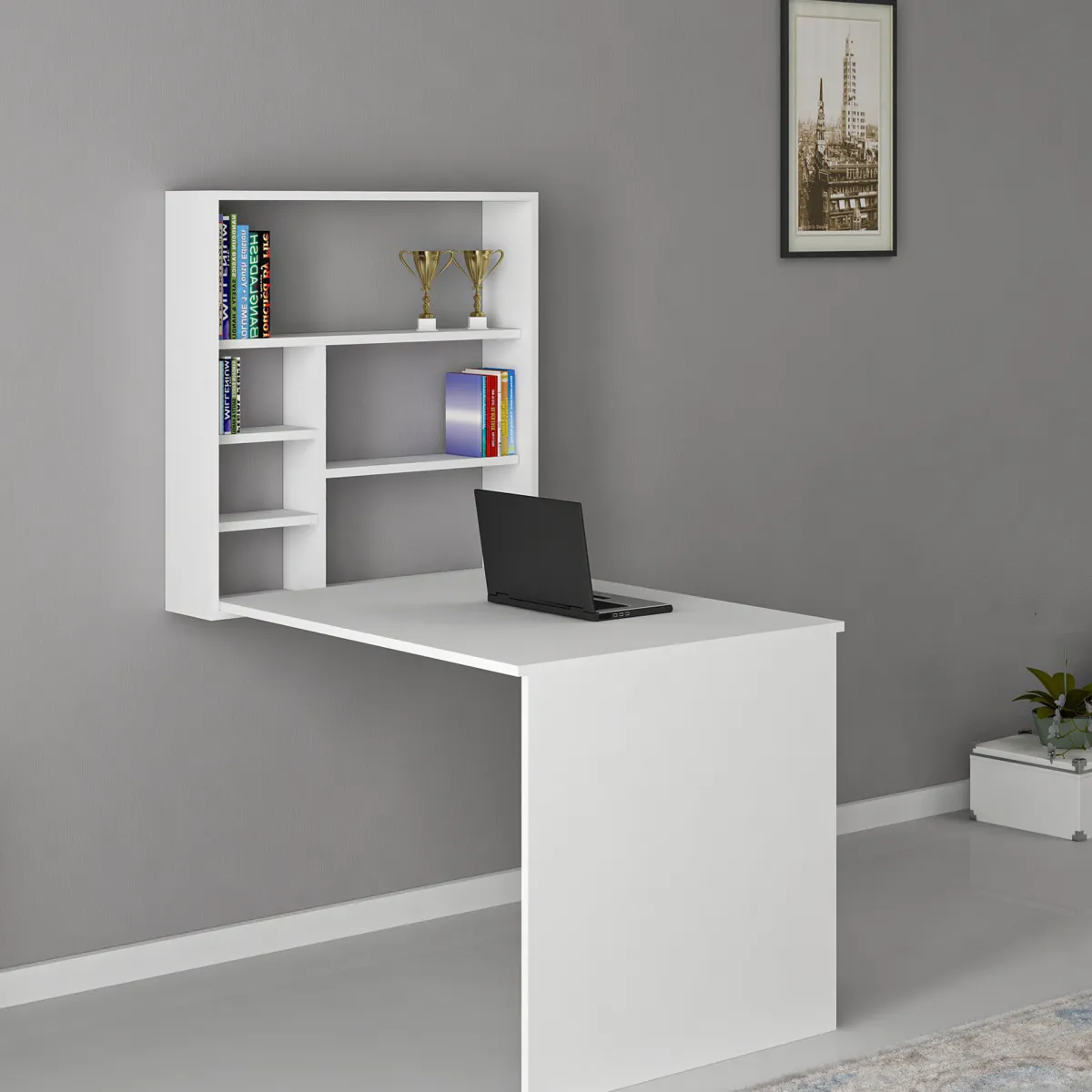 Scrivanie > Dmora Scrivania 5 Ripiani 6 Vani 59x90x74h cm, con Libreria - Veglio Bianco