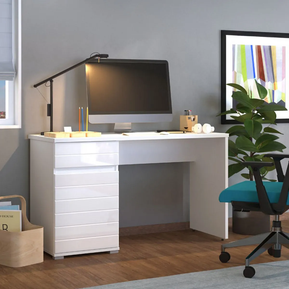 Scrivanie > Dmora Scrivania un Cassetto un Ripiano 130x50x75.5h cm, Un'anta - Cambio Bianco