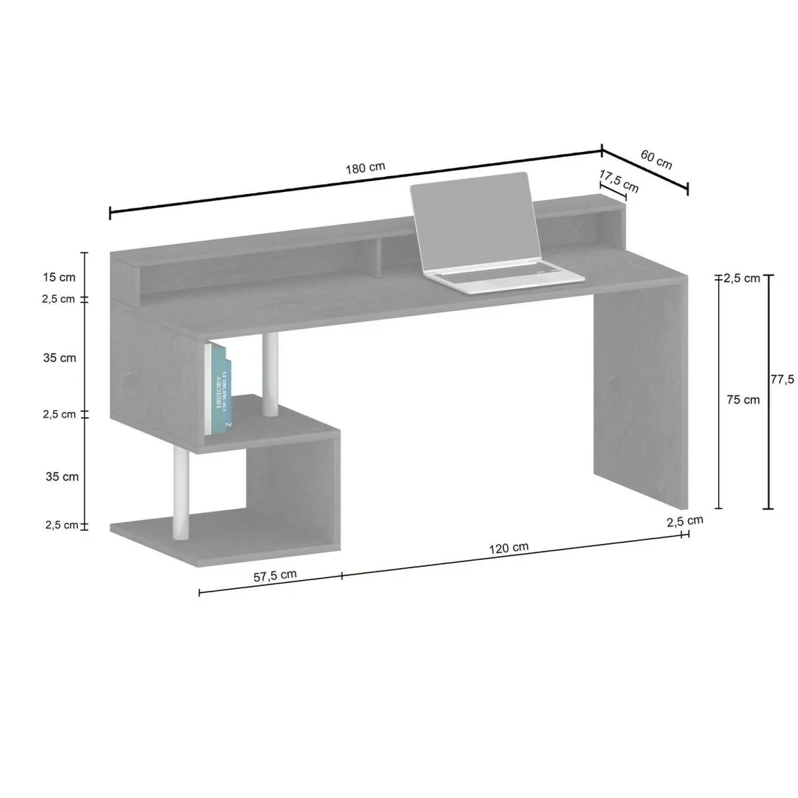 Scrivania lineare ardesia 180x60cm con supporto computer - Arre