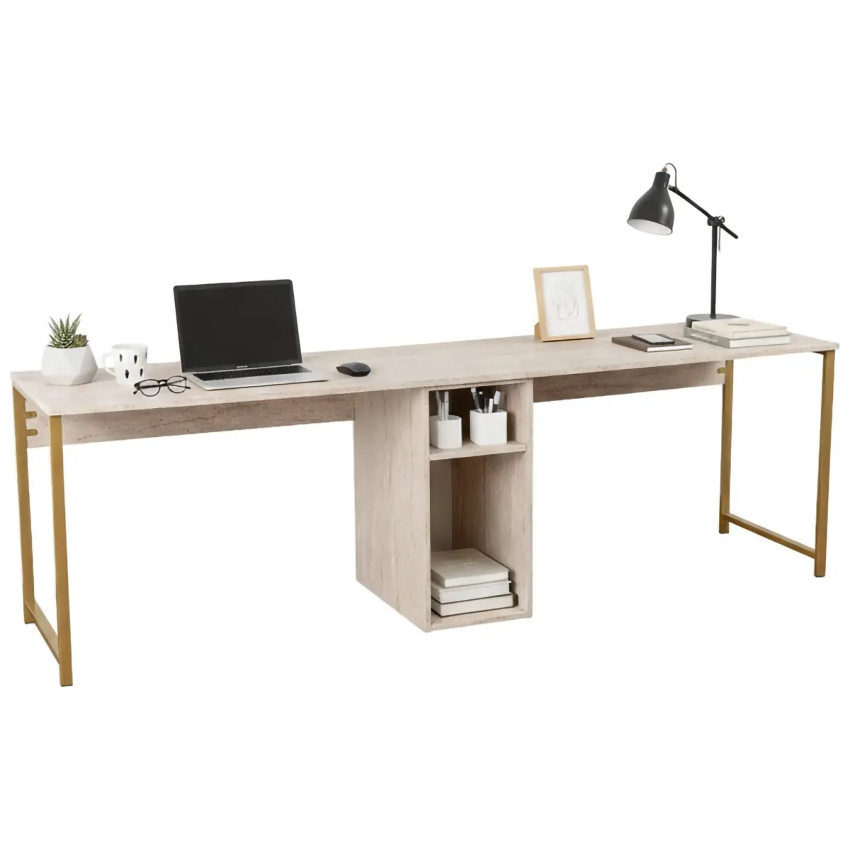 Scrivanie > Dmora Scrivania lineare beige e oro 240x60cm con supporto computer - Violet Oro, Beige