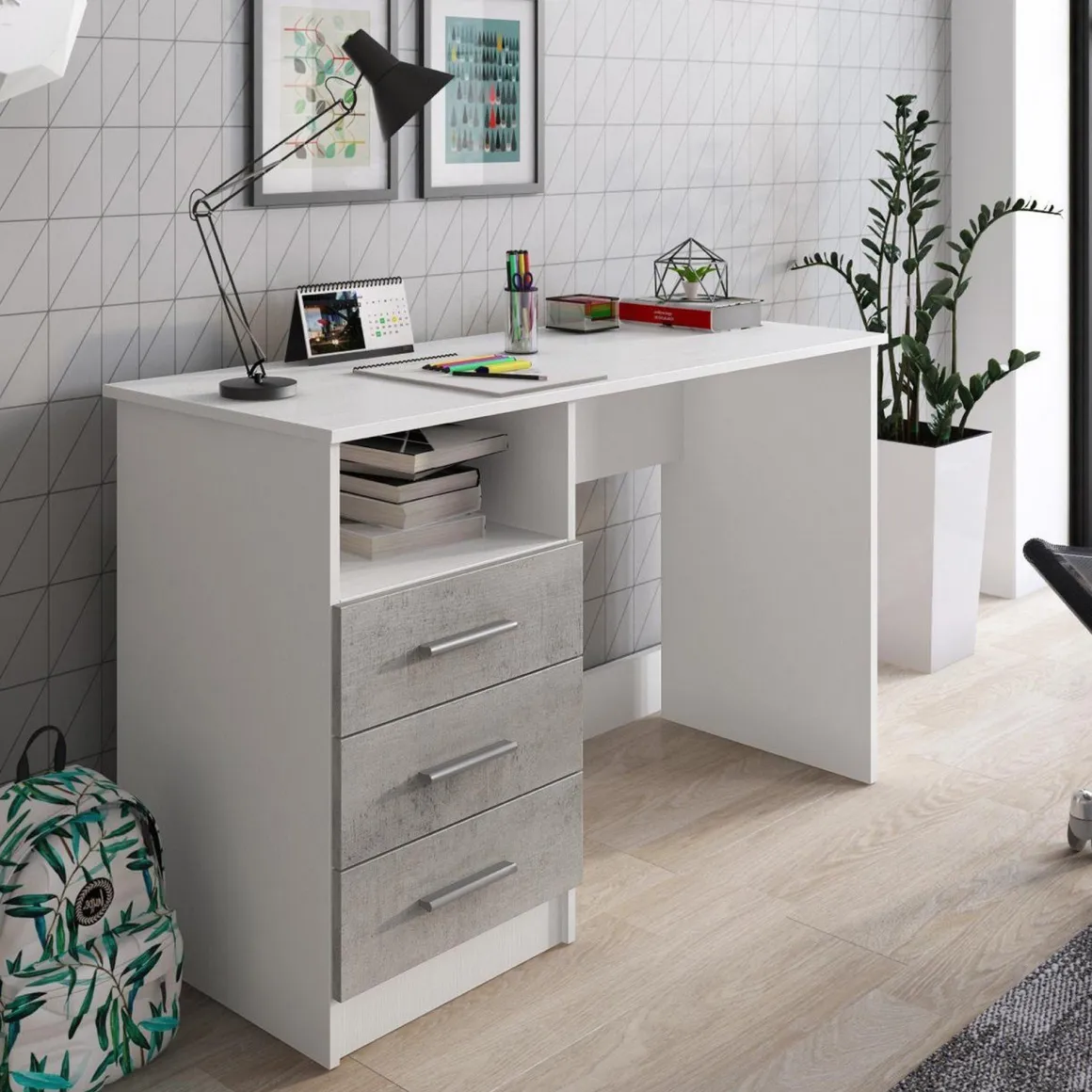Scrivania lineare bianca e cemento 120x48cm con 3 cassetti - Ardauli