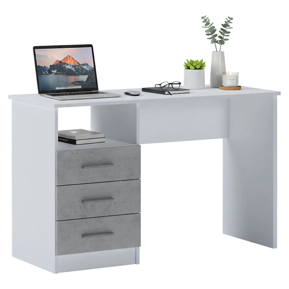 Scrivania lineare bianca e cemento 120x48cm con 3 cassetti - Ardauli
