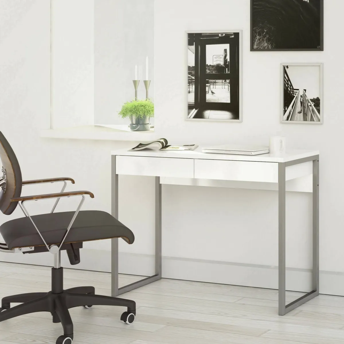 Scrivanie > Dmora Scrivania lineare bianca e grigia 101x40cm con 2 cassetti - Anavi Grigio, Bianco