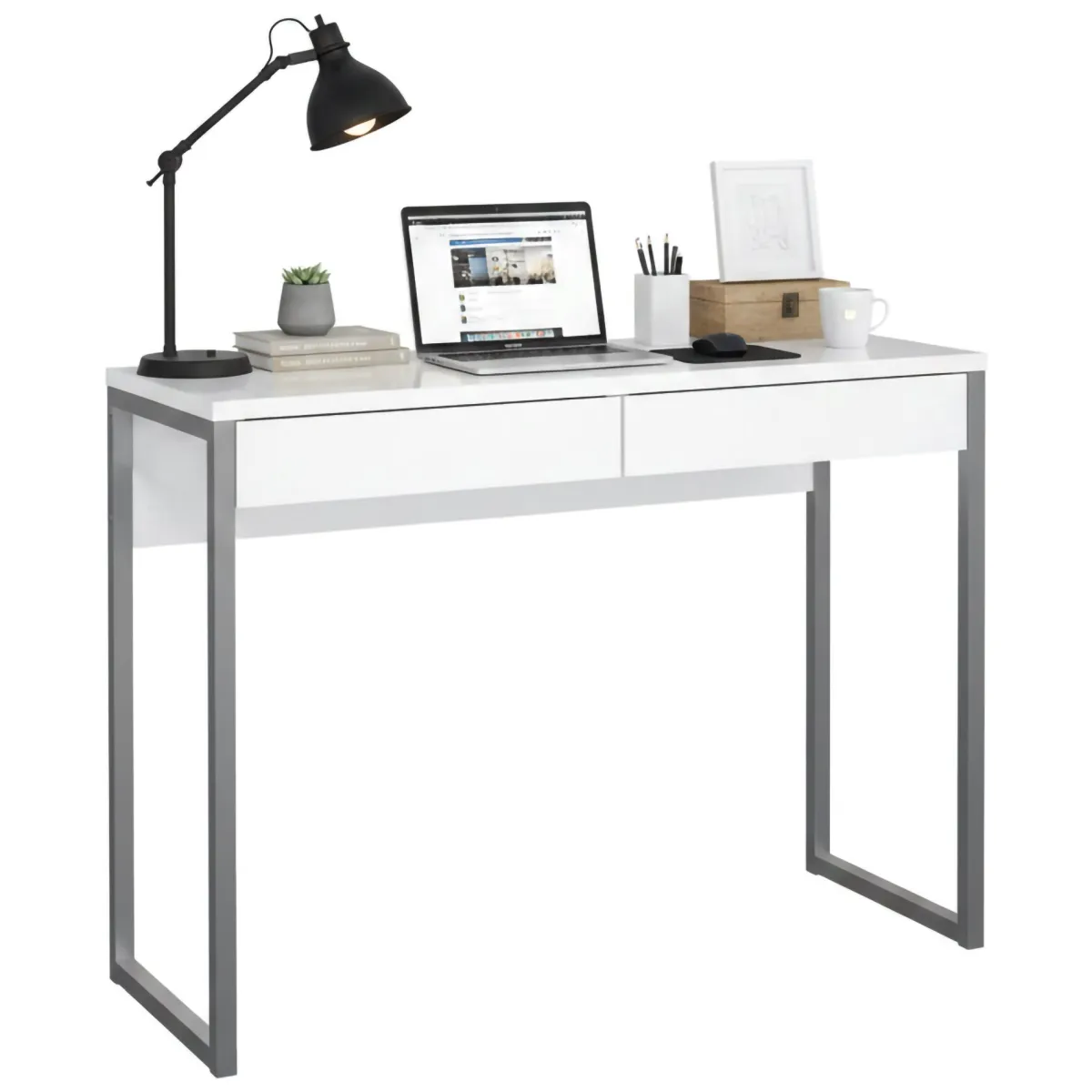 Scrivanie > Dmora Scrivania lineare bianca e grigia 101x40cm con 2 cassetti - Anavi Grigio, Bianco