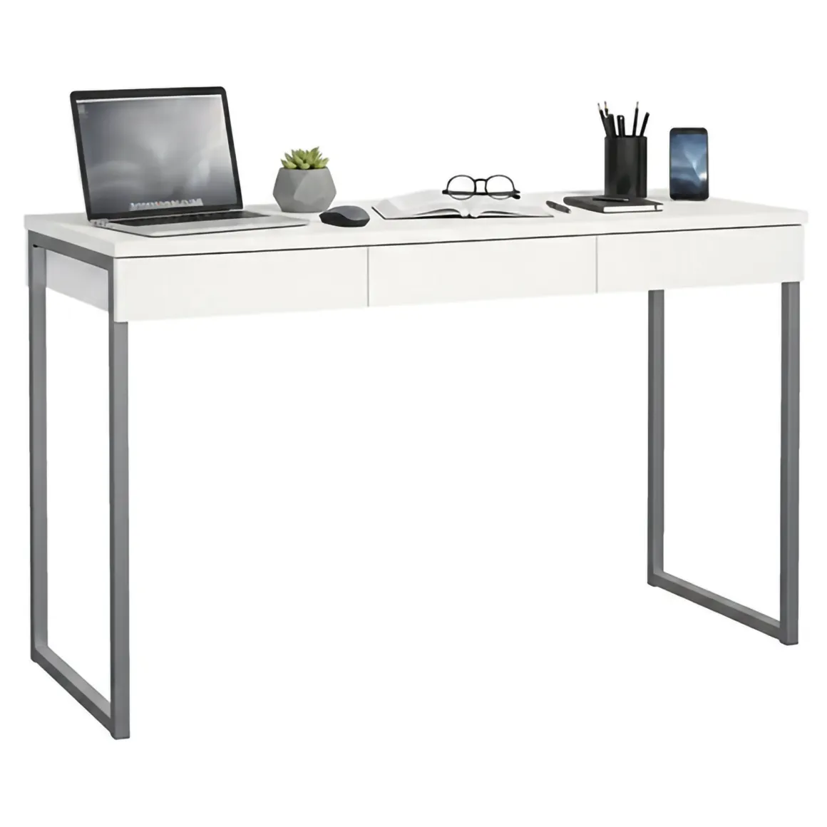 Scrivanie > Dmora Scrivania lineare bianca e grigia 126x55cm con 3 cassetti - Shanshan Grigio, Bianco
