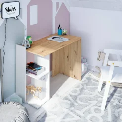 Ufficio|Camera Da Letto > Dmora Scrivania lineare bianca e legno 110x50cm con libreria - Zefiro Marrone, Bianco Rovere Nodi