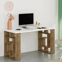 Scrivanie > Dmora Scrivania lineare bianca e marrone 140x60cm - Archidamia Marrone, Bianco
