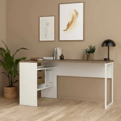 Scrivanie > Dmora Scrivania lineare bianca e noce 145x81cm con 2 cassetti - Moire Marrone, Bianco Noce