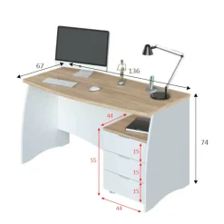 Scrivania lineare bianca e rovere 136x67cm con 3 cassetti - Azziz