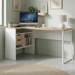 Ufficio|Camera Da Letto > Dmora Scrivania lineare bianca e rovere 80x40cm con 1 cassetto - Adri Marrone, Bianco Rovere