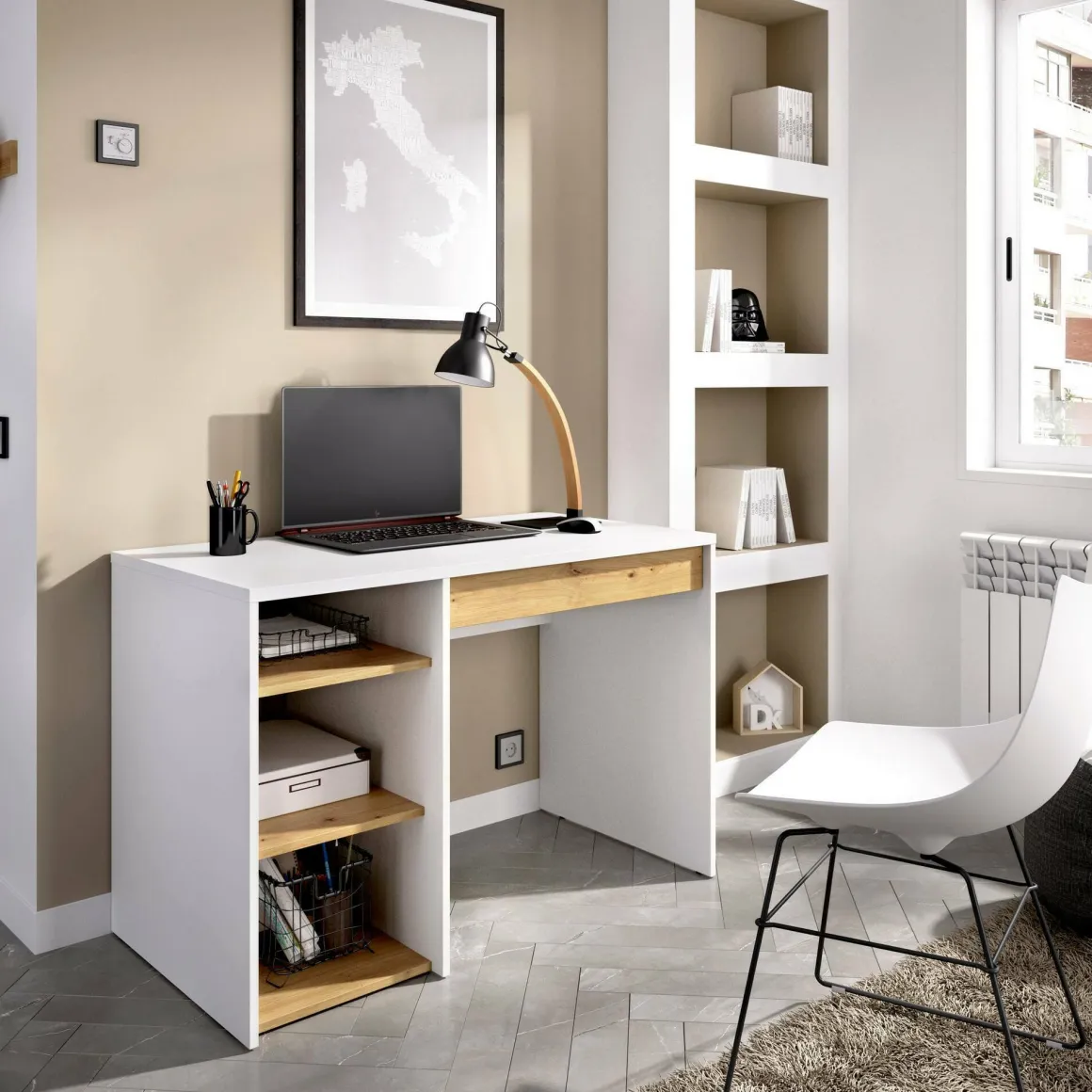 Scrivania lineare bianca e rovere nodi 110x50cm in legno - Antonello