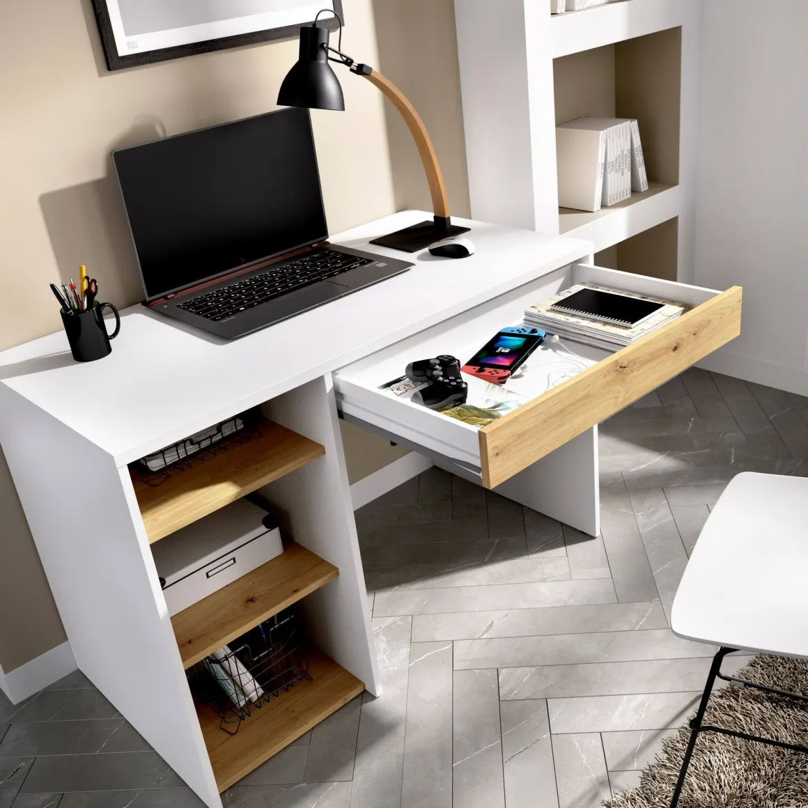 Scrivania lineare bianca e rovere nodi 110x50cm in legno - Antonello