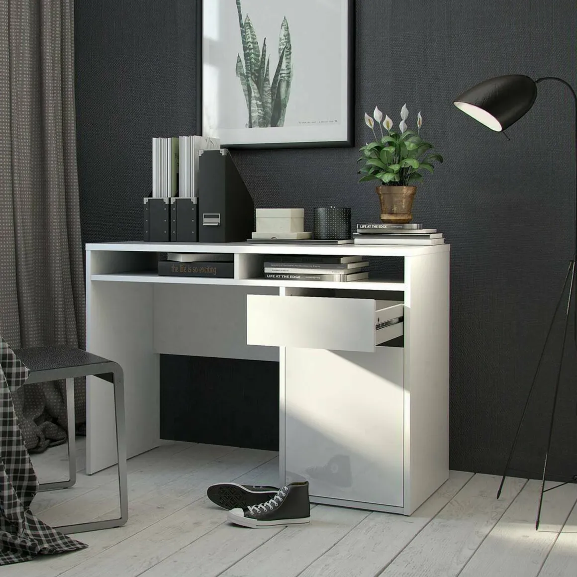 Ufficio|Camera Da Letto > Dmora Scrivania lineare bianca lucida 110x50cm con supporto pc - Antioco Bianco Lucido