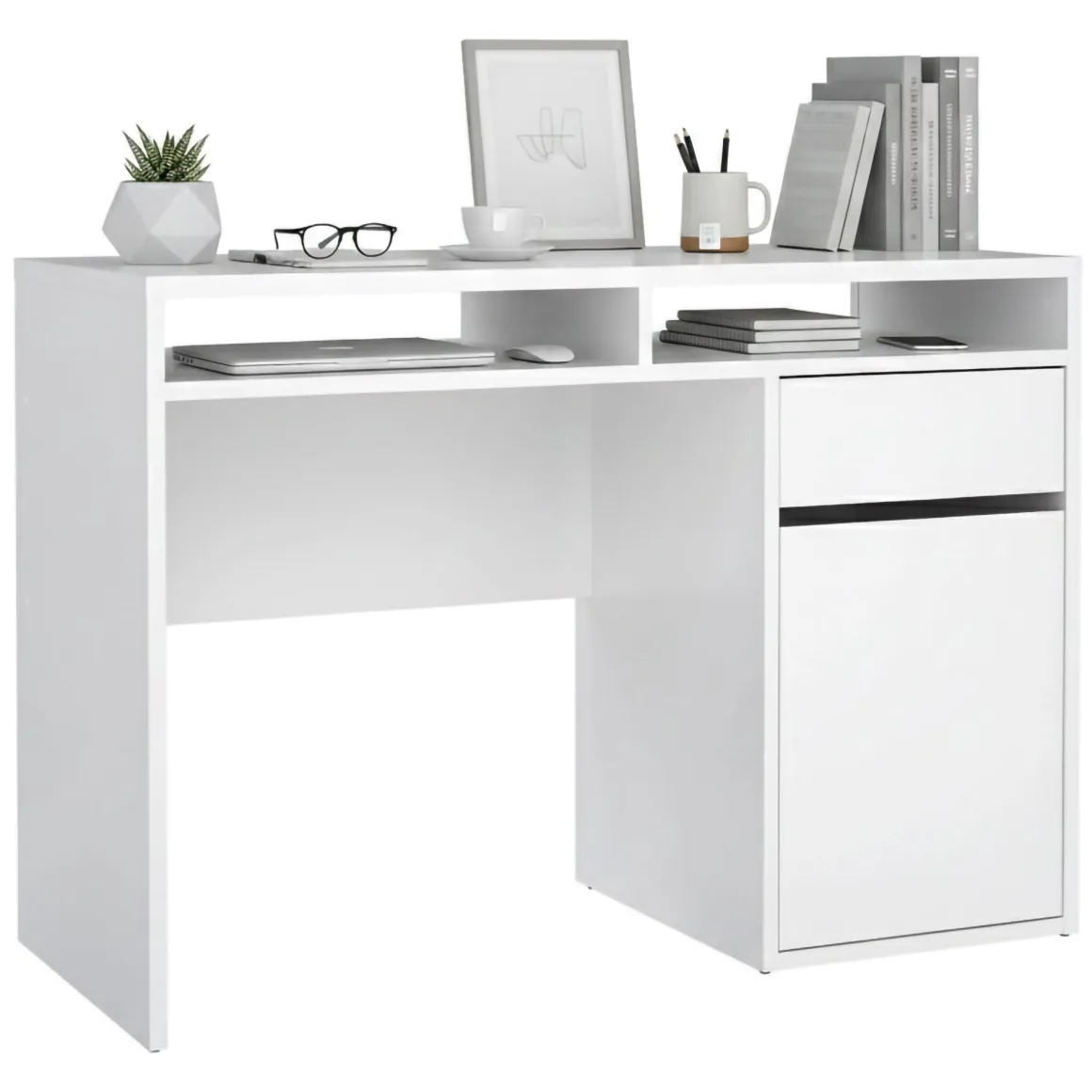 Ufficio|Camera Da Letto > Dmora Scrivania lineare bianca lucida 110x50cm con supporto pc - Antioco Bianco Lucido