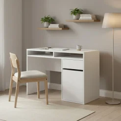 Ufficio|Camera Da Letto > Dmora Scrivania lineare bianca lucida 110x50cm con supporto pc - Antioco Bianco Lucido