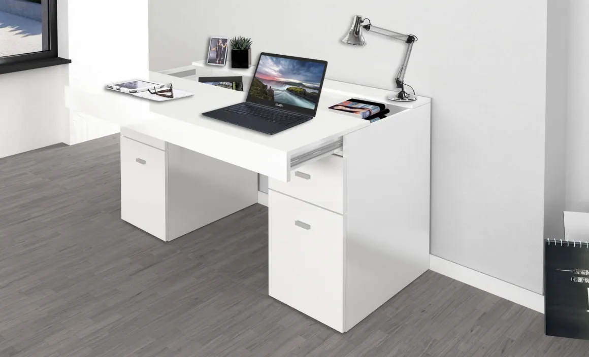 Scrivania lineare bianca lucida 130x60cm con 1 cassetto - Aladdin