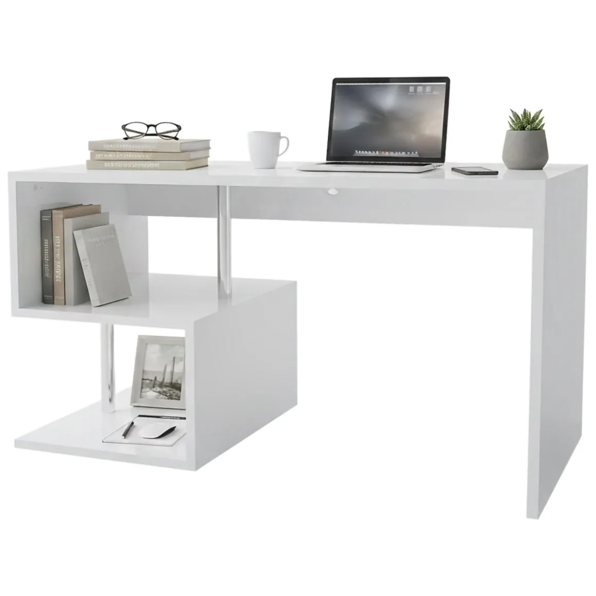 Scrivanie > Dmora Scrivania lineare bianca lucida 149x48cm con 2 cassetti - Leepi Bianco Lucido