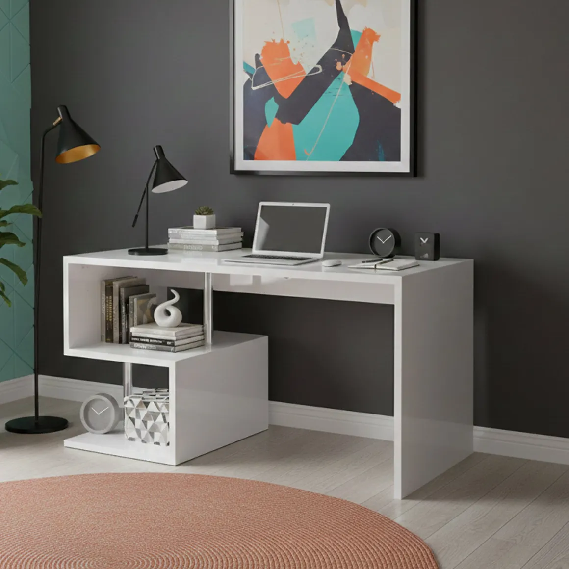 Scrivanie > Dmora Scrivania lineare bianca lucida 149x48cm con 2 cassetti - Leepi Bianco Lucido