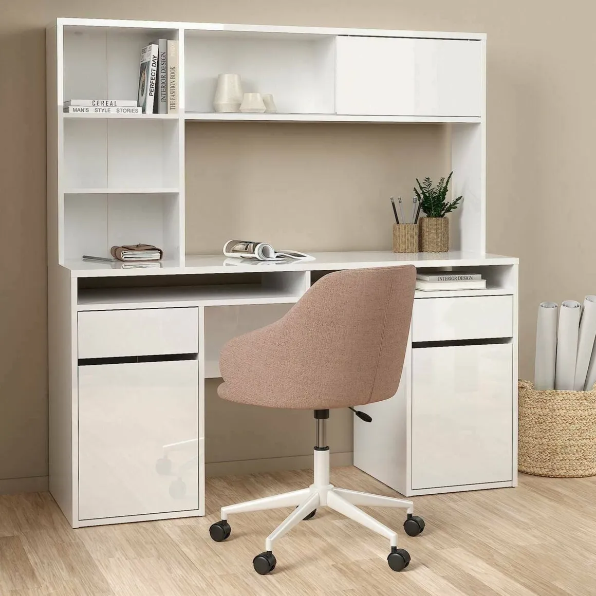 Ufficio|Camera Da Letto > Dmora Scrivania lineare bianca lucida 160x60cm con supporto computer - Giunone Bianco Lucido