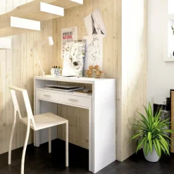 Ufficio|Camera Da Letto > Dmora Scrivania lineare bianca lucida e acero 110x50cm con supporto pc - Antioco Marrone Acero, Bianco Lucido