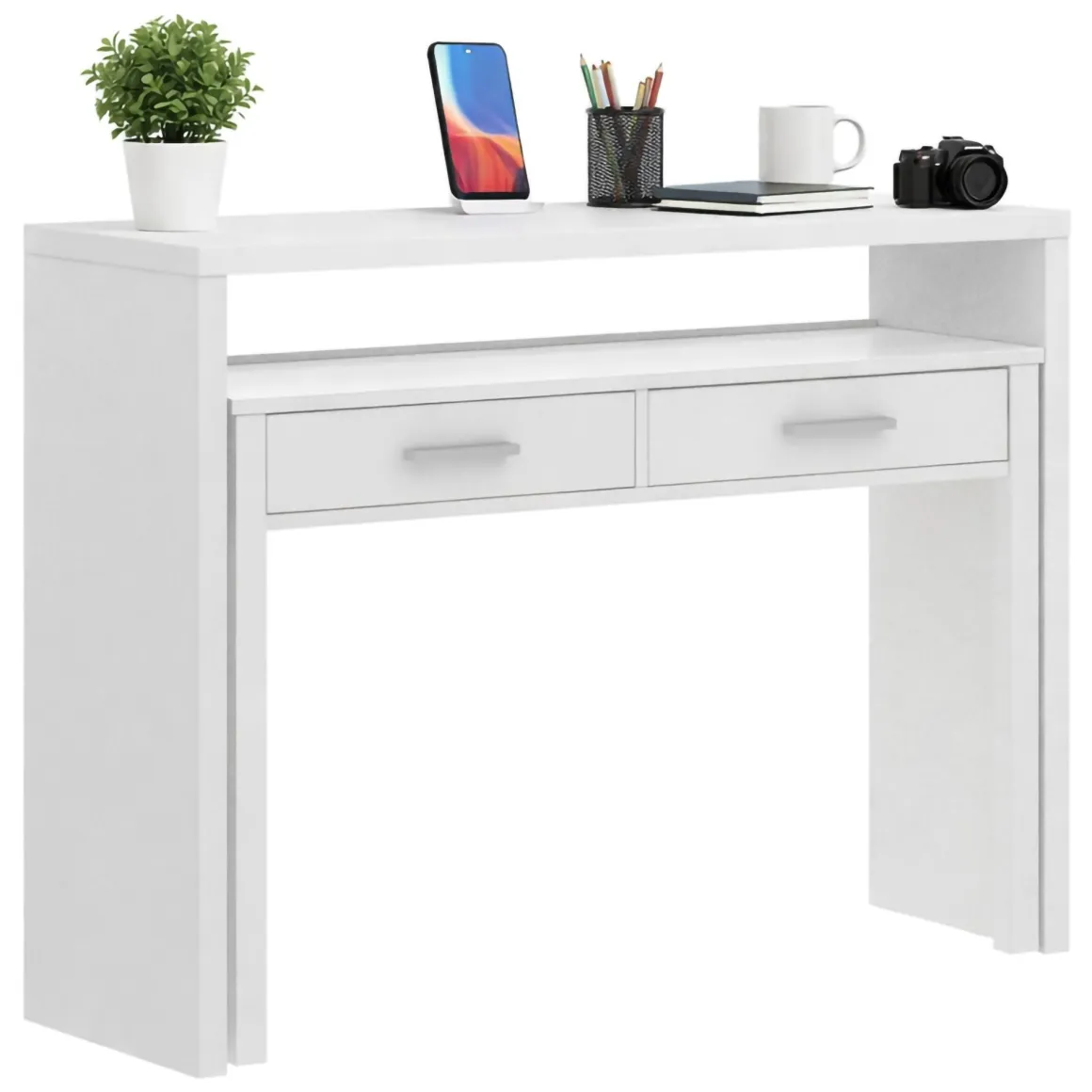 Ufficio|Camera Da Letto > Dmora Scrivania lineare bianca lucida e acero 110x50cm con supporto pc - Antioco Marrone Acero, Bianco Lucido