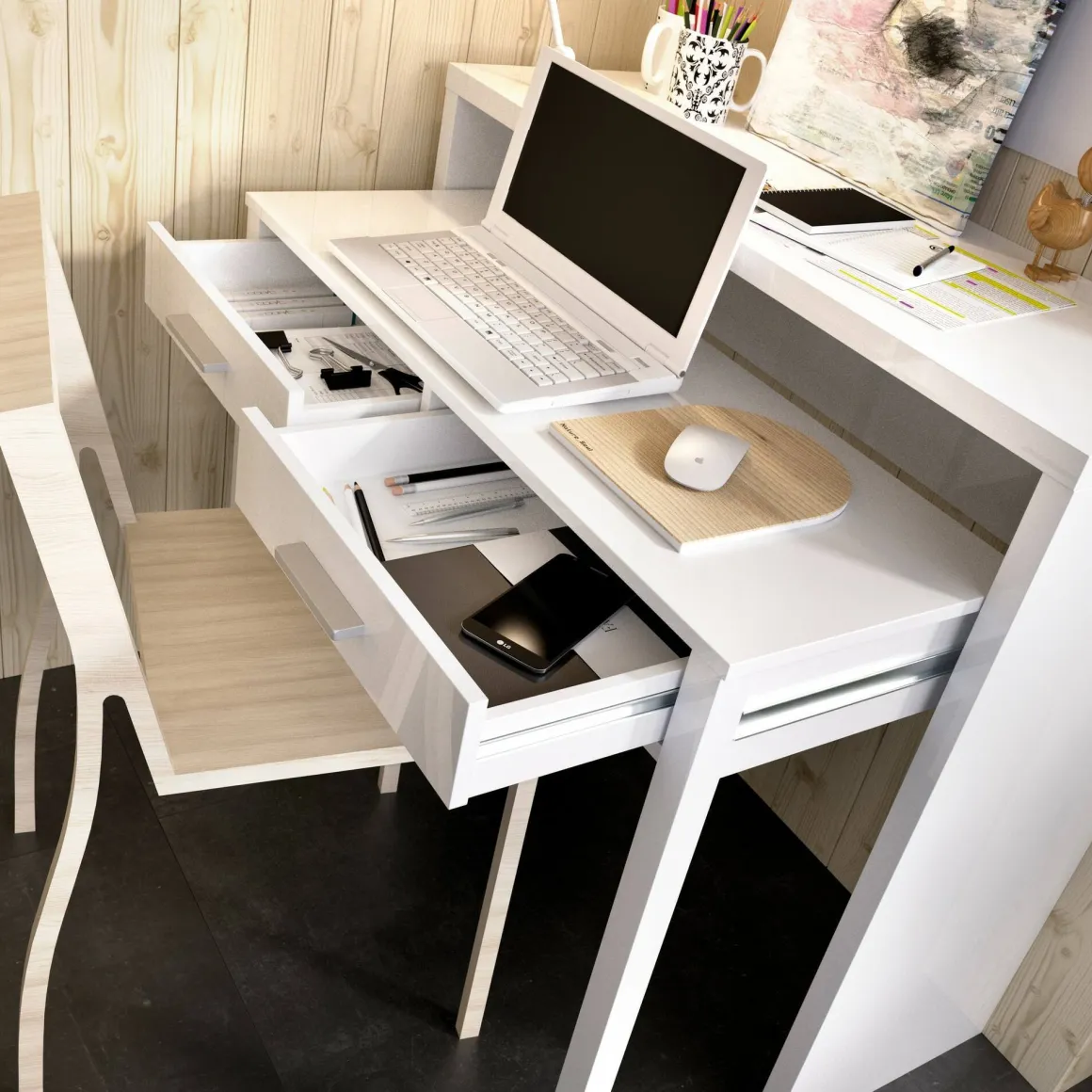 Ufficio|Camera Da Letto > Dmora Scrivania lineare bianca lucida e acero 110x50cm con supporto pc - Antioco Marrone Acero, Bianco Lucido