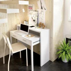 Ufficio|Camera Da Letto > Dmora Scrivania lineare bianca lucida e acero 110x50cm con supporto pc - Antioco Marrone Acero, Bianco Lucido
