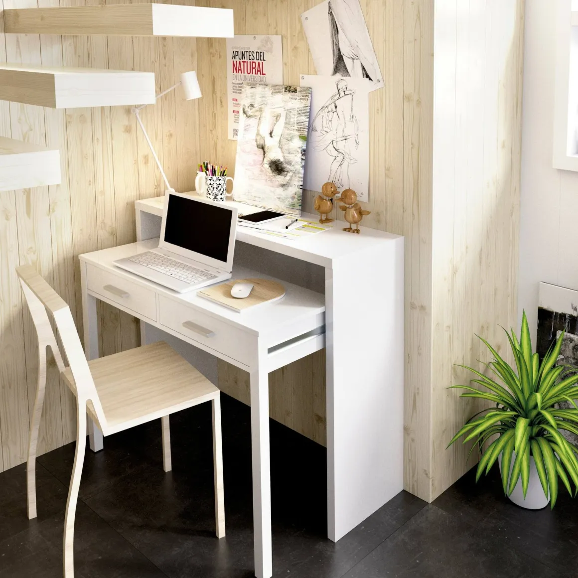 Ufficio|Camera Da Letto > Dmora Scrivania lineare bianca lucida e acero 110x50cm con supporto pc - Antioco Marrone Acero, Bianco Lucido