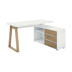 Scrivanie > Dmora Scrivania lineare bianca lucida e rovere 135x75cm con 3 cassetti - Hachette Marrone Rovere, Bianco Lucido