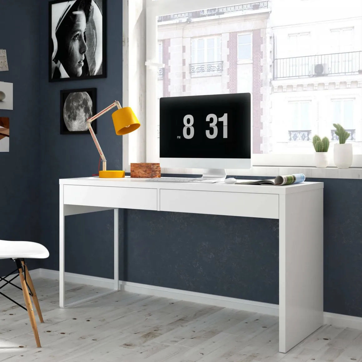 Scrivania lineare bianca opaca 138x50cm con 2 cassetti - Cerere