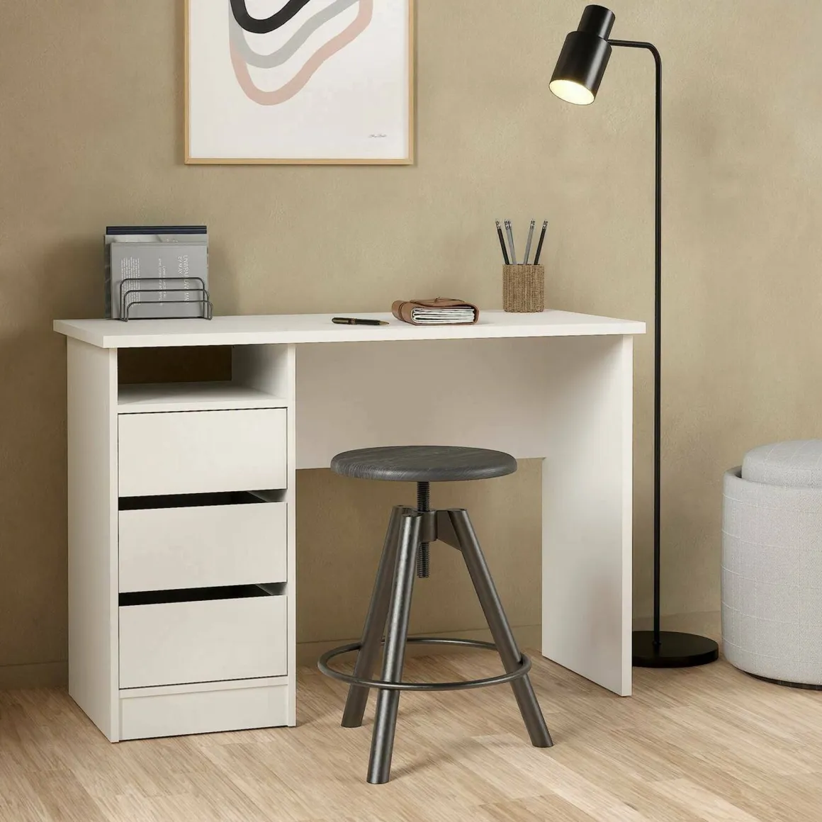 Scrivania lineare bianca 110x48cm con 3 cassetti - Huaning