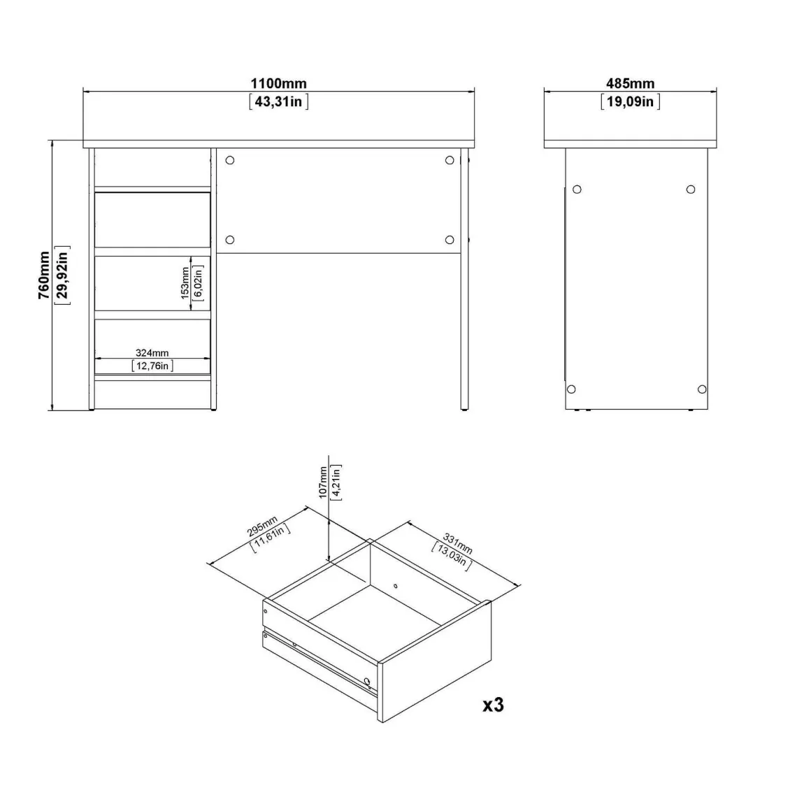 Scrivania lineare bianca 110x48cm con 3 cassetti - Huaning