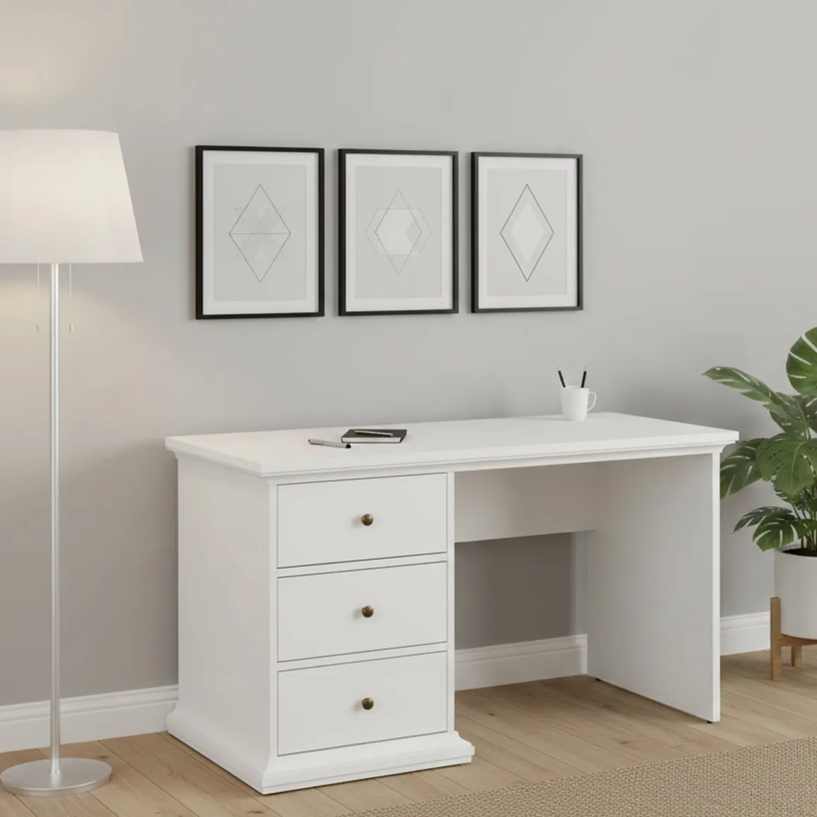 Scrivania lineare bianca 130x61cm con 3 cassetti - Agia