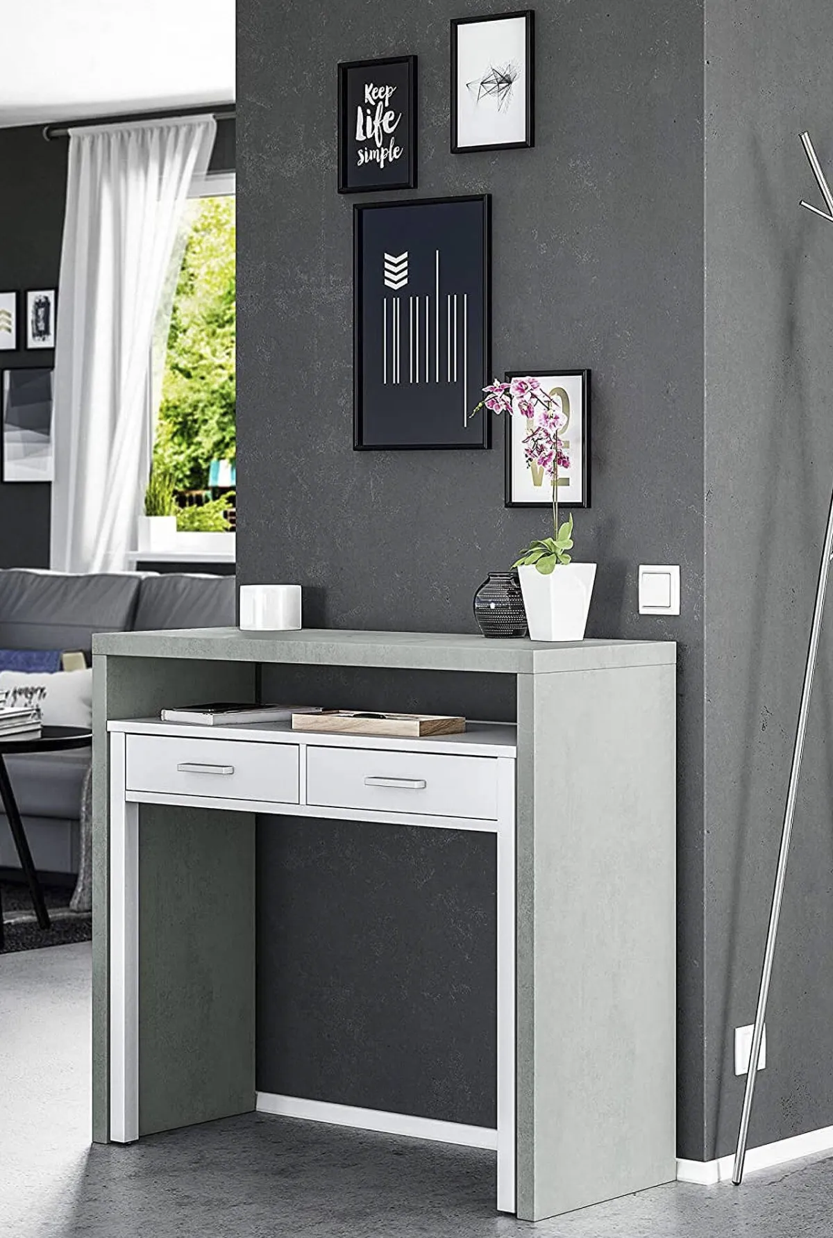 Salotto|Scrivanie > Dmora Scrivania lineare cemento e bianca 98x36cm con 2 cassetti - Andriy Bianco, Grigio Cemento