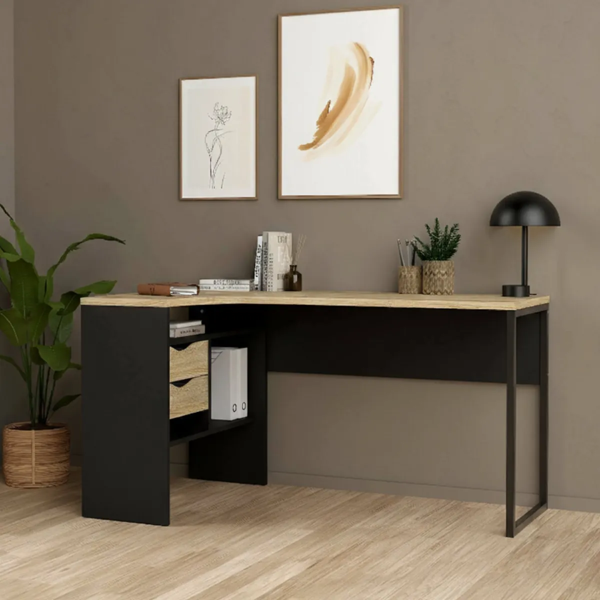 Scrivanie > Dmora Scrivania lineare nera e quercia 145x81cm con 2 cassetti - Moire Marrone, Nero Quercia
