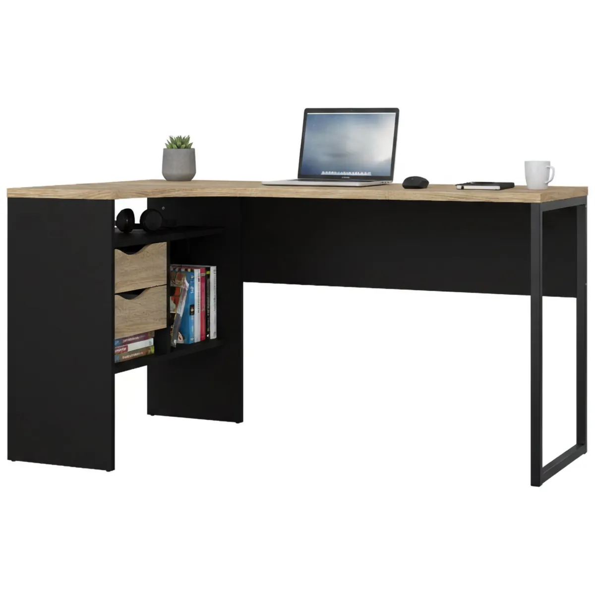 Scrivanie > Dmora Scrivania lineare nera e quercia 145x81cm con 2 cassetti - Moire Marrone, Nero Quercia