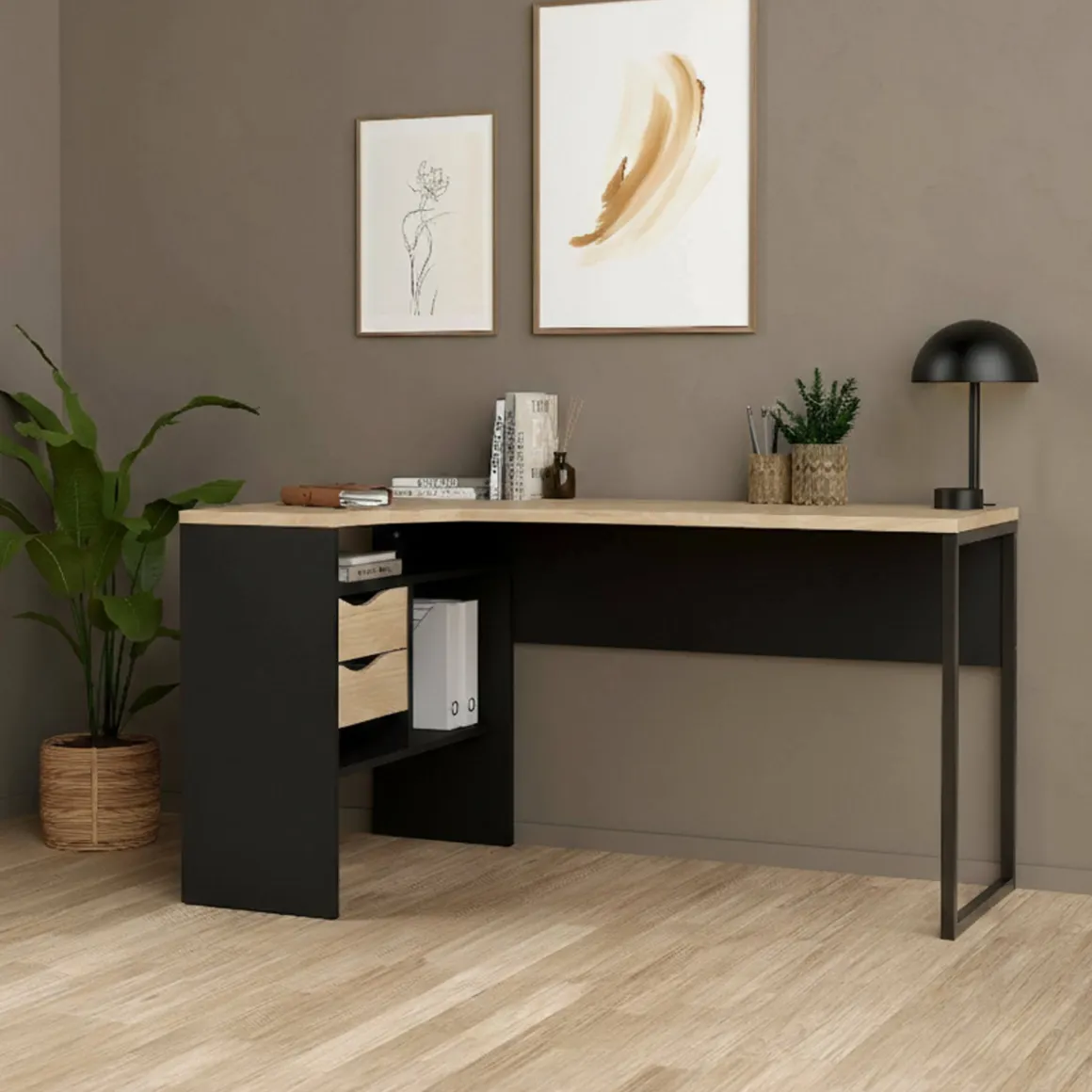Scrivania lineare nera e rovere 145x81cm con 2 cassetti - Moire