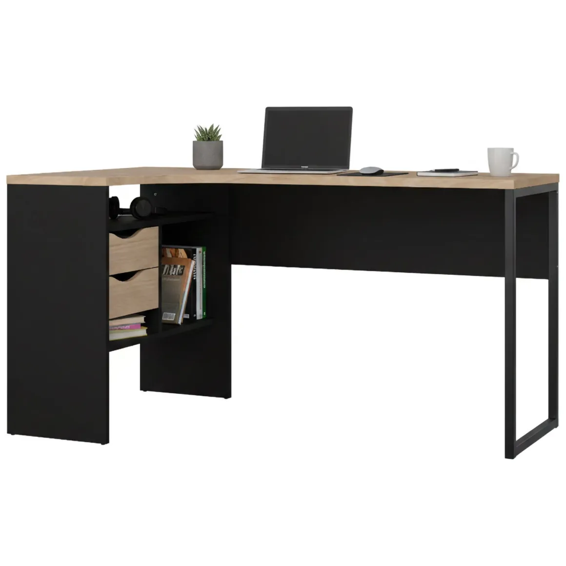 Scrivania lineare nera e rovere 145x81cm con 2 cassetti - Moire