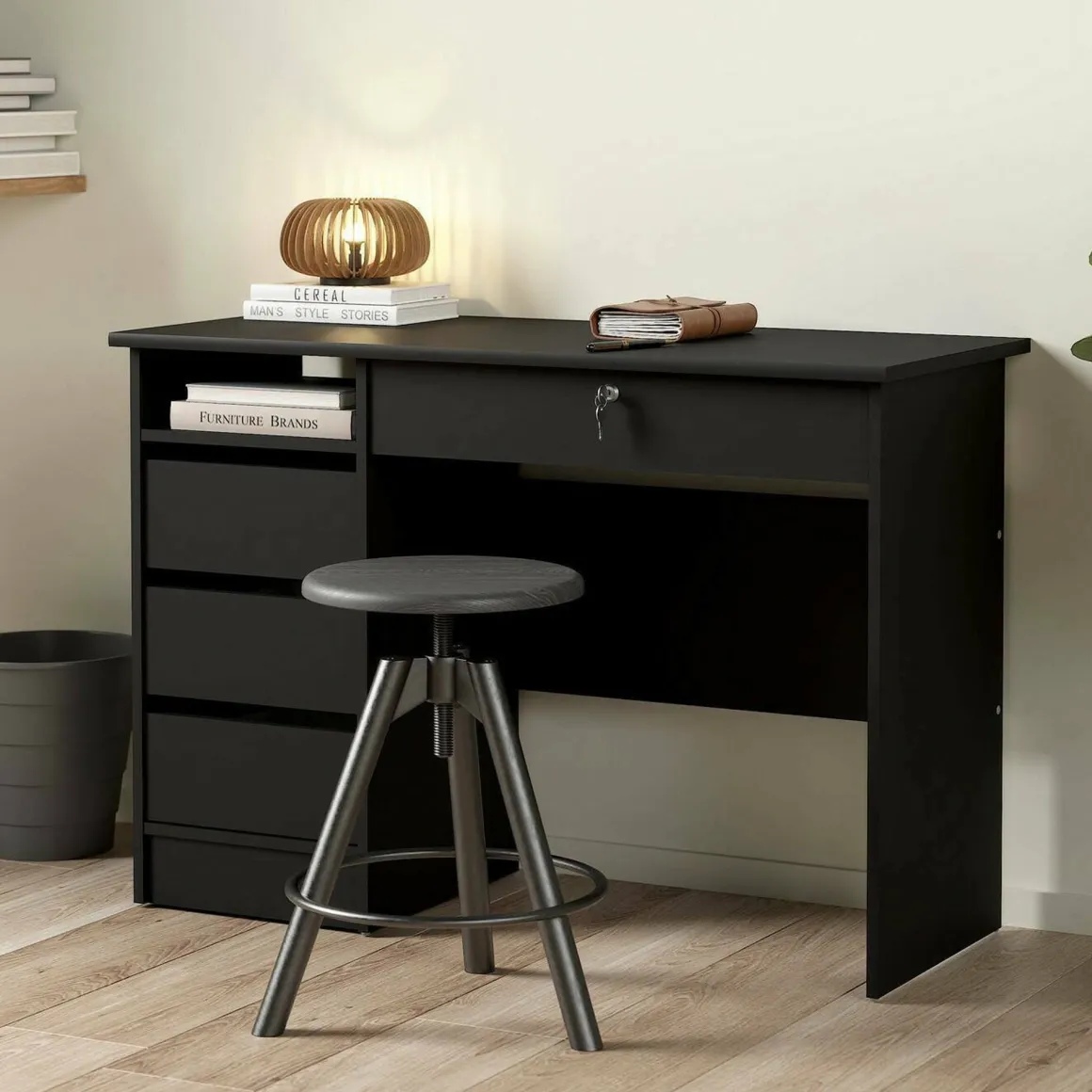 Scrivania lineare nera 109x48cm con 3 cassetti - Franklin
