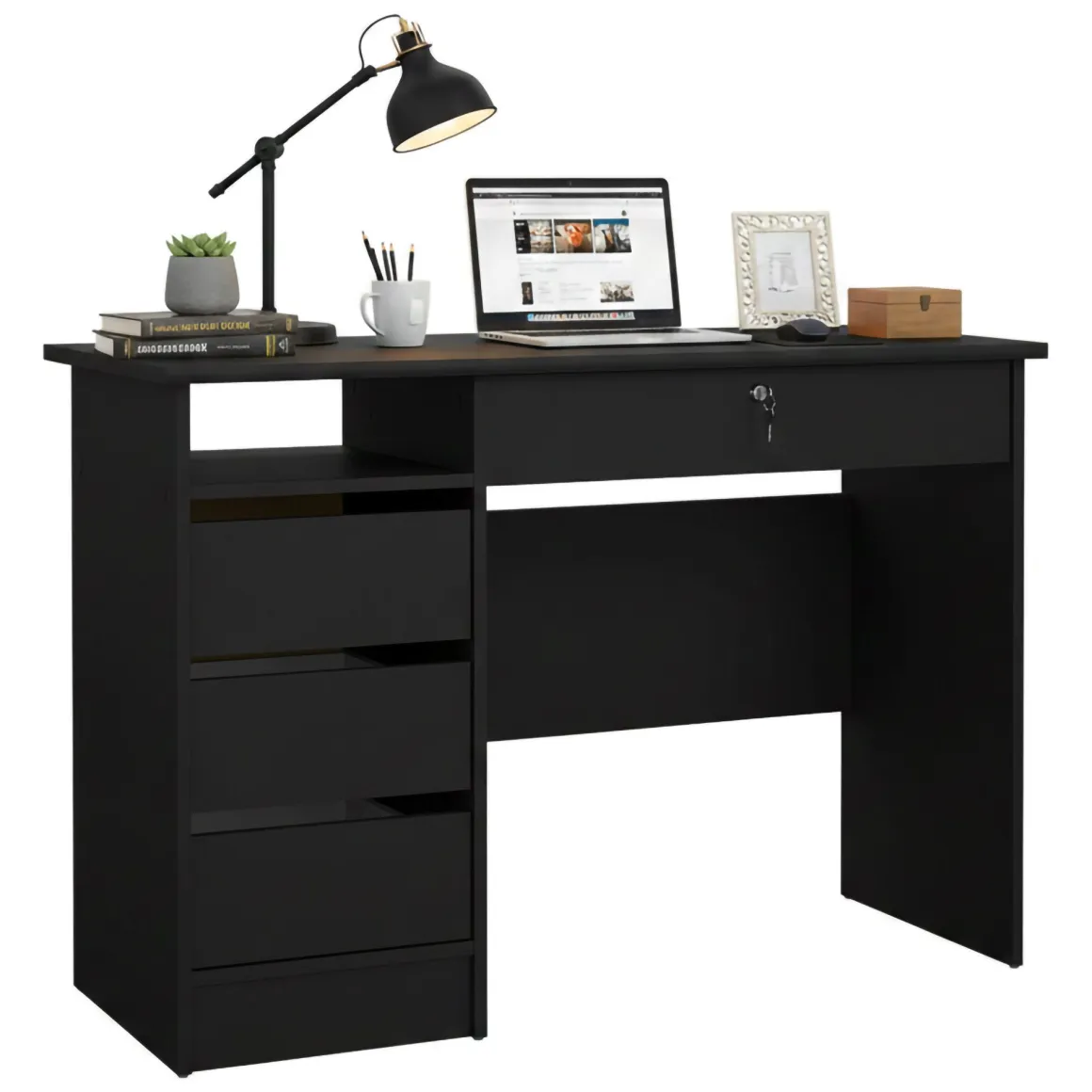 Scrivania lineare nera 109x48cm con 3 cassetti - Franklin