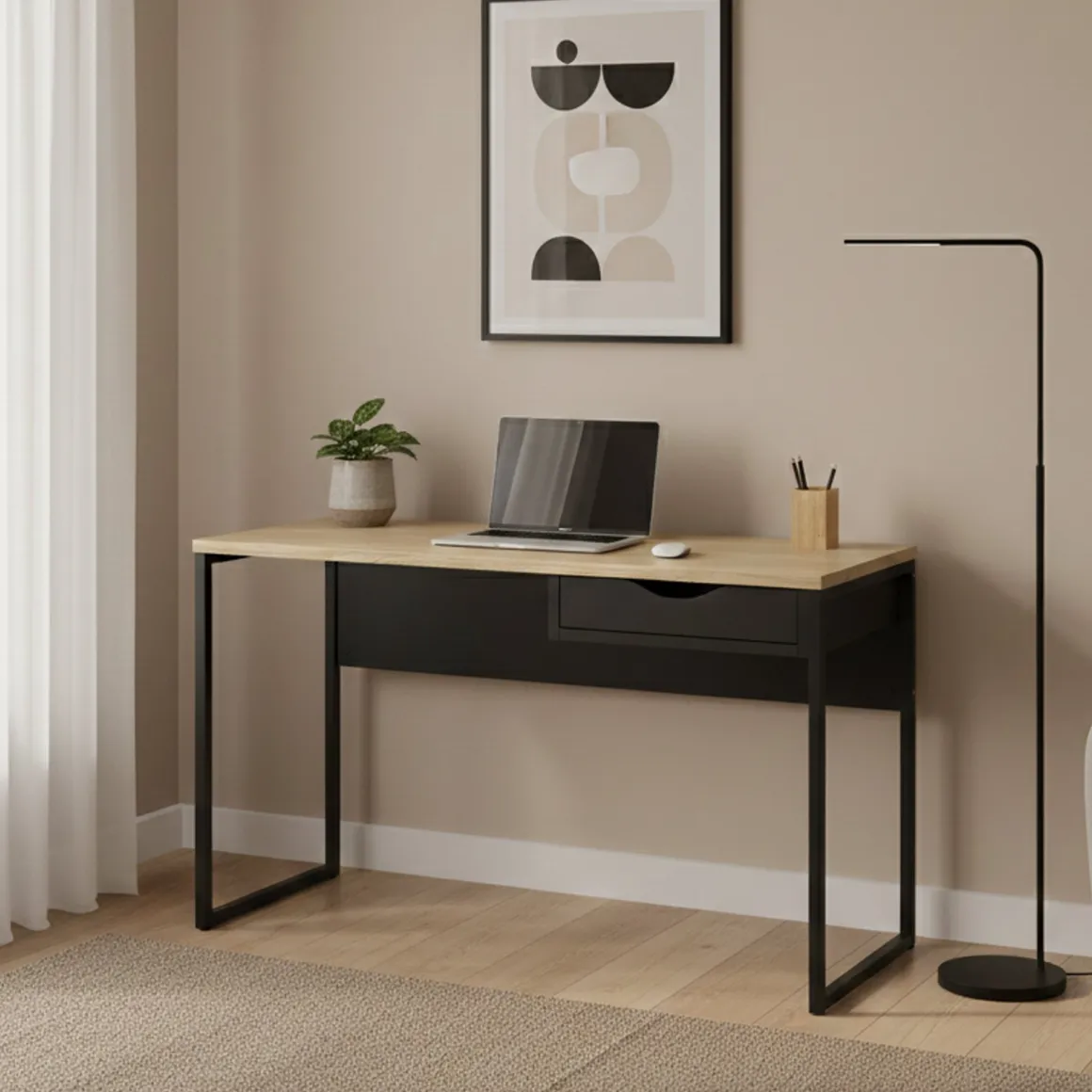 Scrivania lineare nera 130x48cm con 1 cassetto - Gil