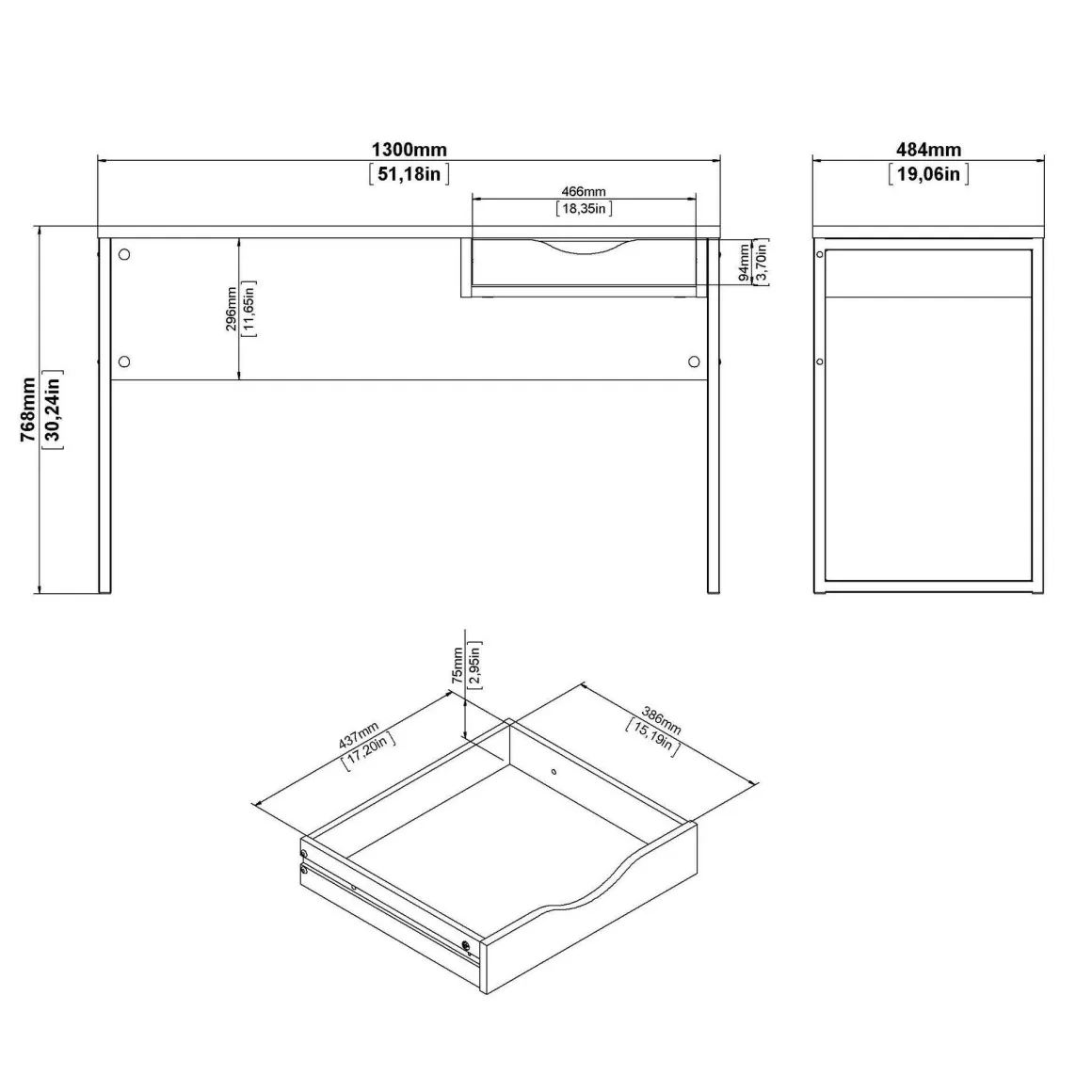 Scrivania lineare nera 130x48cm con 1 cassetto - Gil