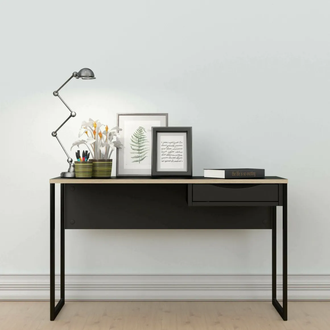 Scrivania lineare nera 130x48cm con 1 cassetto - Gil