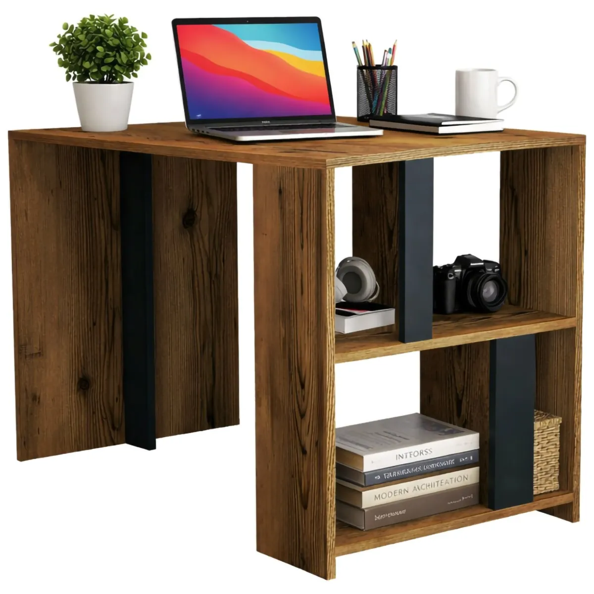 Ufficio|Camera Da Letto > Dmora Scrivania lineare noce e antracite 120x60cm - Bising Nero Antracite, Marrone Noce